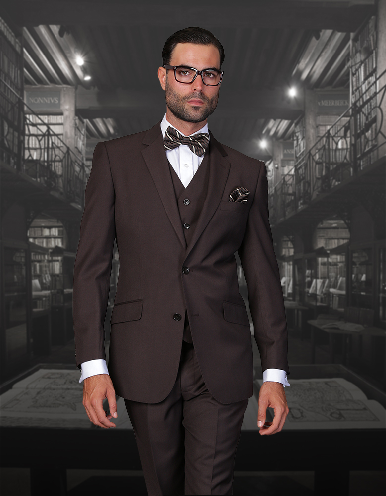 Men's Designer Vested Vintage Style Micro Plaid Wool Suit in Copper Brown main image 1